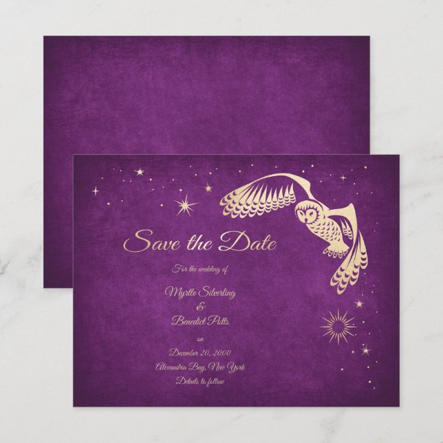 Stars Owl Purple Wizard Magic Wedding Save The Date (Front/Back)