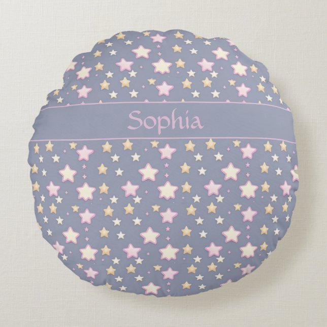 Stars pattern pink gray round cushion (Front)