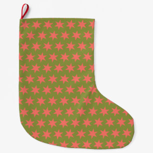 Stars Pattern Trending Colours Green Coral Large Christmas Stocking