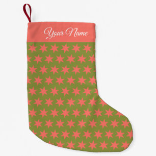 Stars Pattern Trending Colours Green Coral Name Small Christmas Stocking