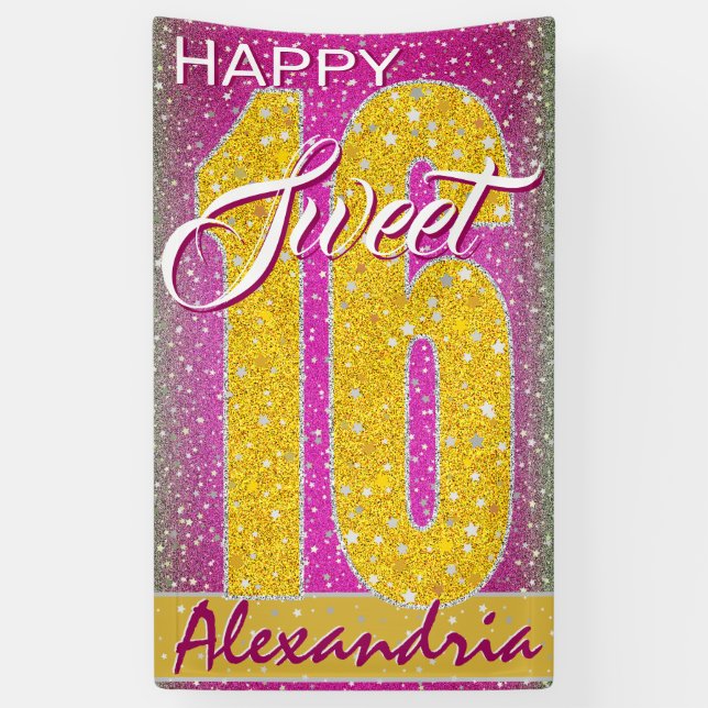 Stars Pink Glitter Glitz | Sweet 16 Birthday Party Banner (Vertical)