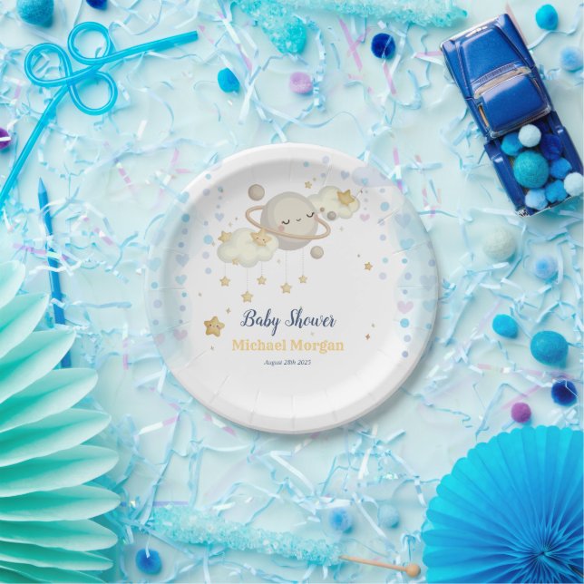 Stars Planet Clouds Blue Baby Shower Paper Plate (Party)