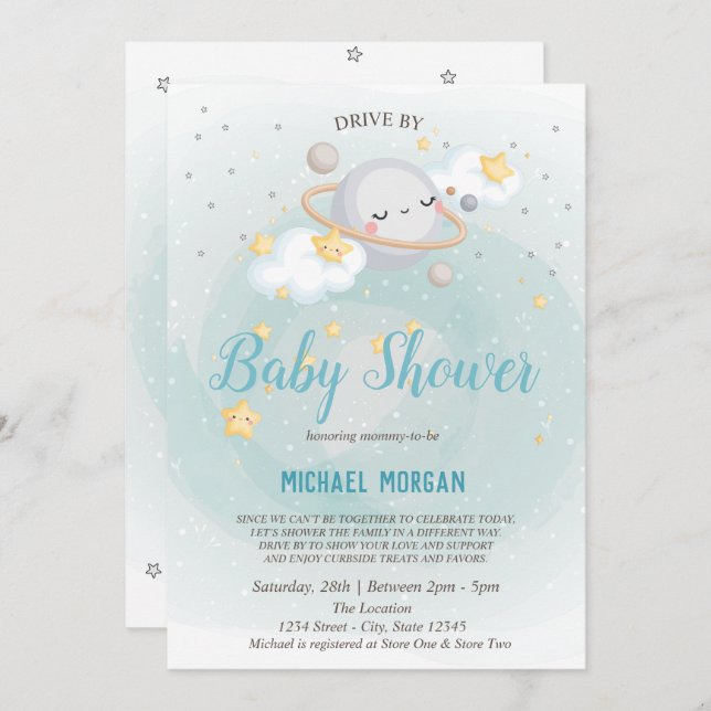 Stars,Planet,Clouds Drive By Baby Shower  Invitation (Front/Back)
