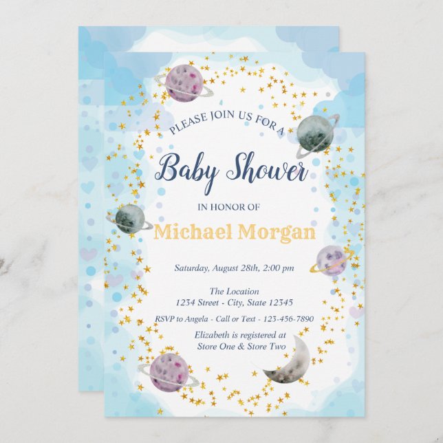 Stars Planets Blue Baby Shower  Invitation (Front/Back)