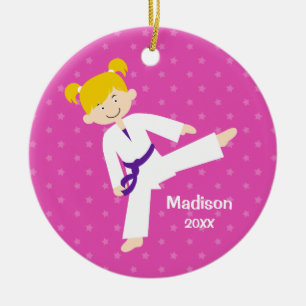 Stars Purple Taekwondo Blonde Girl Personalised Ceramic Tree Decoration