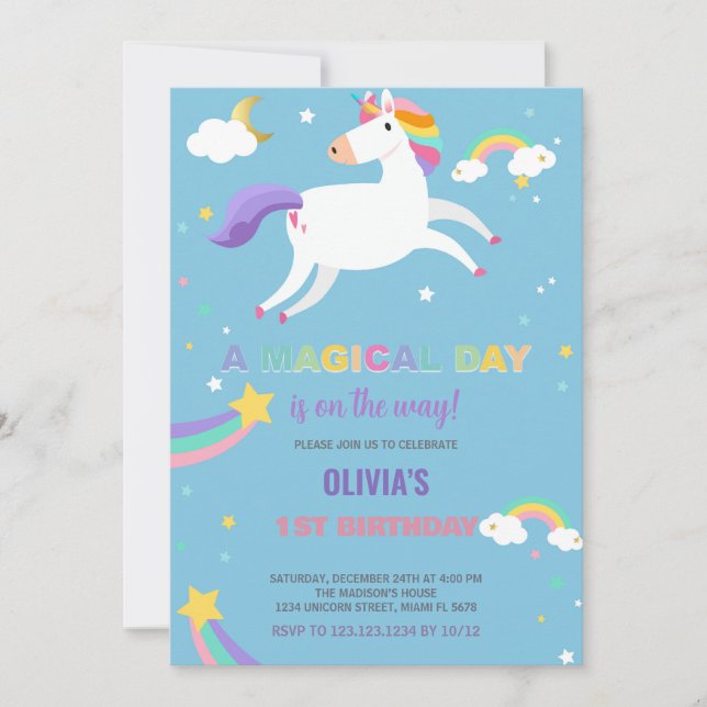 Stars Rainbow Fly Unicorn Birthday Invitations (Front)