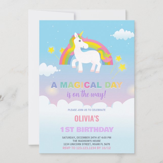 Stars Rainbow Unicorn Birthday Invitations (Front)