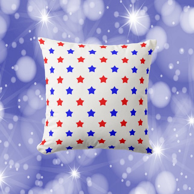 Stars Red Blue Pattern White Background Cushion (A throw pillow with red and blue stars on a white background.)