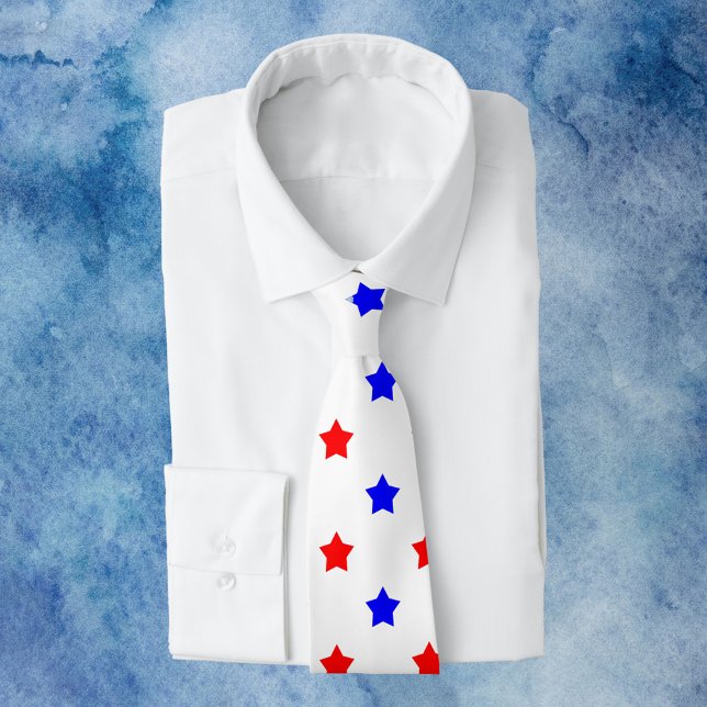 Stars Red Blue Pattern White Background Tie (A fun tie with red and blue stars on a white background)