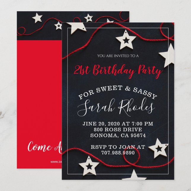 Stars & Red String Sweet Sassy 21st Birthday Party Invitation (Front/Back)