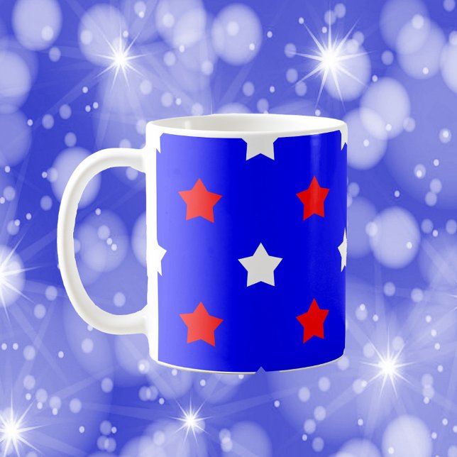 Stars Red White Pattern Blue Background Coffee Mug (A mug with a pattern of red and white stars on a blue background)