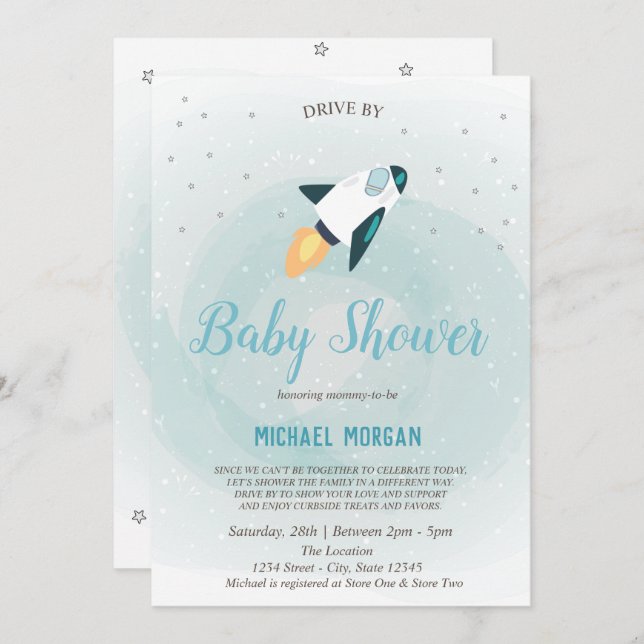 Stars,Rocket Drive By Baby Shower Invitation (Front/Back)