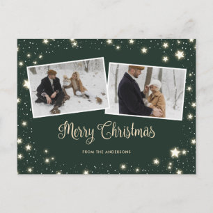Stars Snow Green Photo Merry Christmas Holiday Postcard