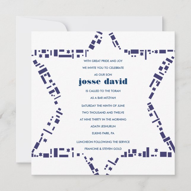 Stars & Squares Bar Bat Mitzvah Invitation Blue (Front)