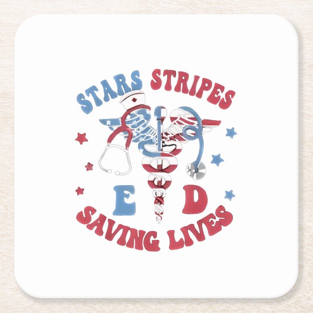 Stars Stripes E D Saving Lives Square Paper Coaster (Front)