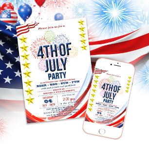 Stars & Stripes Fireworks 4th Of July BBQ Party Invitation