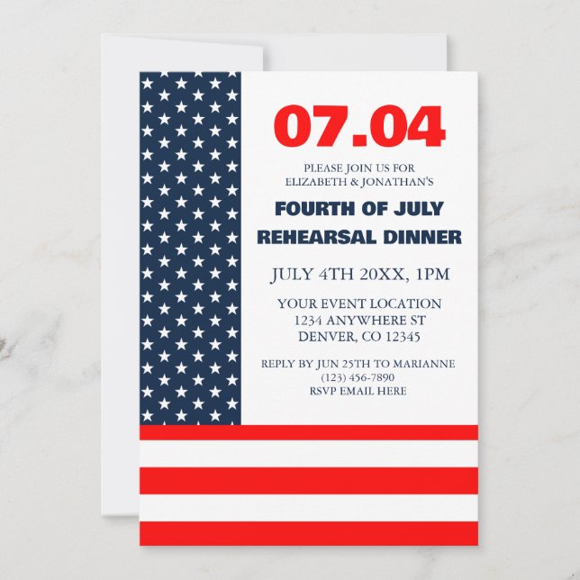 Stars & Stripes Flag 4th Of July Rehearsal Dinner Invitation (Front)