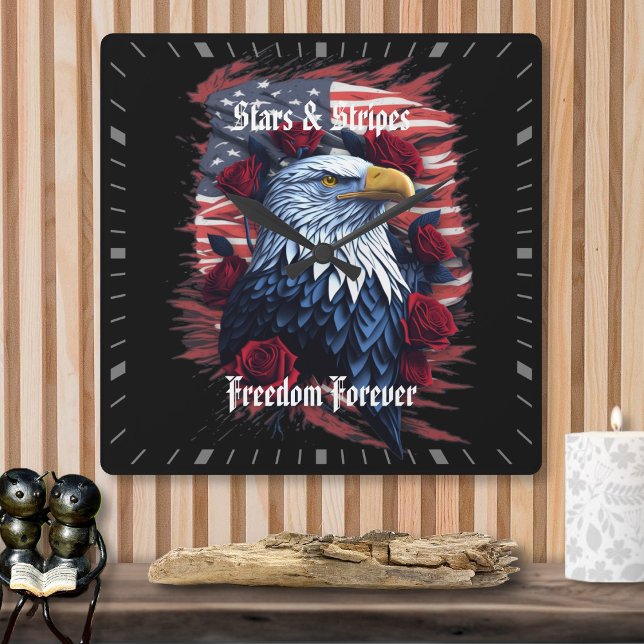Stars Stripes Freedom Forever Eagle American Flag Square Wall Clock (Creator Uploaded)