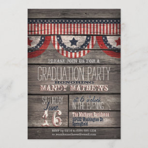 Stars & Stripes on Rustic Wood Graduation Party Invitation