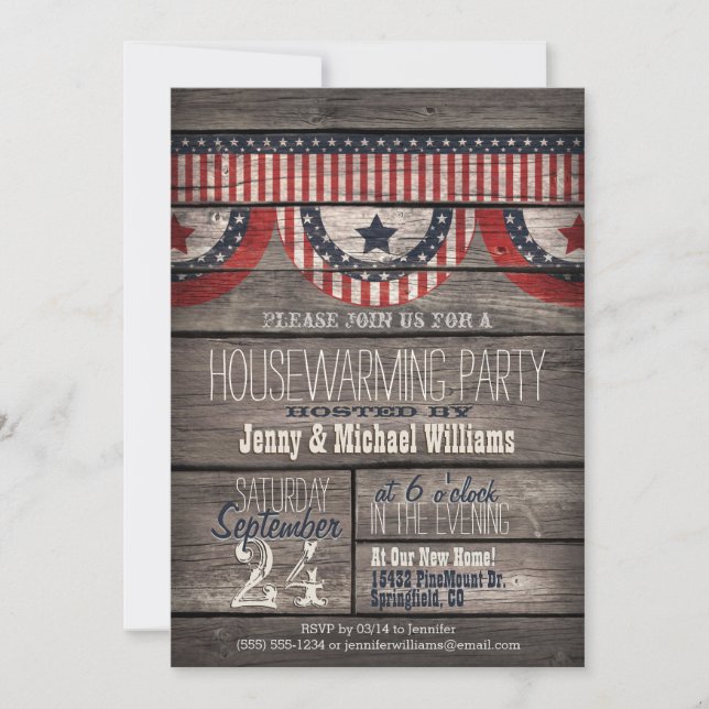 Stars & Stripes on Rustic Wood Housewarming Party Invitation (Front)