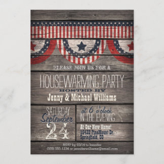 Stars & Stripes on Rustic Wood Housewarming Party Invitation