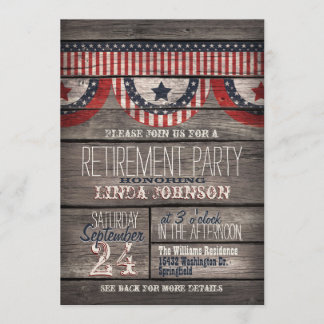 Stars & Stripes on Rustic Wood Retirement Party Invitation