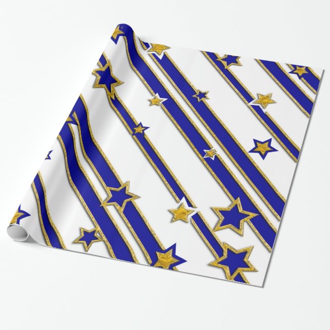 Stars & Stripes Pattern gold blue + your ideas Wrapping Paper (Unrolled)
