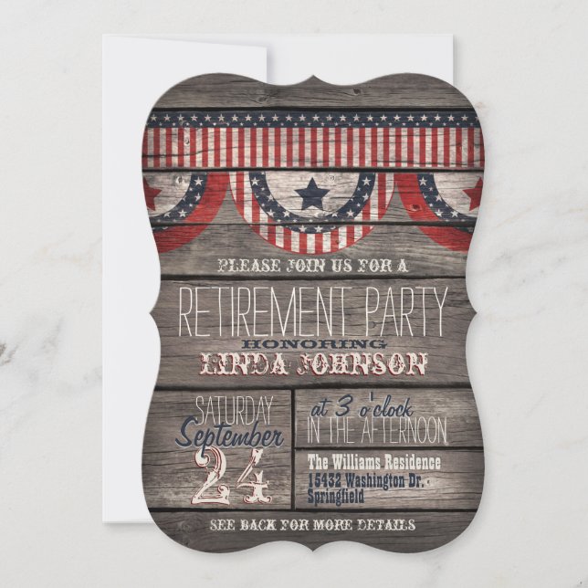 Stars & Stripes Rustic Wood Retirement Party Invitation (Front)
