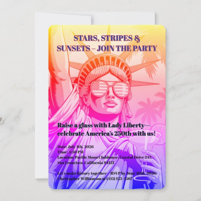 Stars, Stripes & Sunsets Lady Liberty 250th Party Invitation (Front)