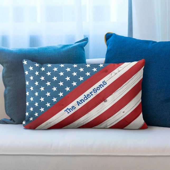 Stars Stripes USA Rustic American Flag Custom Name Lumbar Cushion (Creator Uploaded)