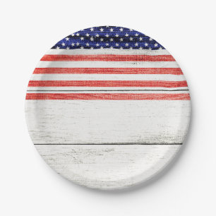 Stars & Stripes White Rustic Wood Patriotic Party Paper Plate