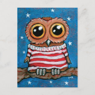 Stars & Stripes Wide Eyed Owl Bird Art Postcard