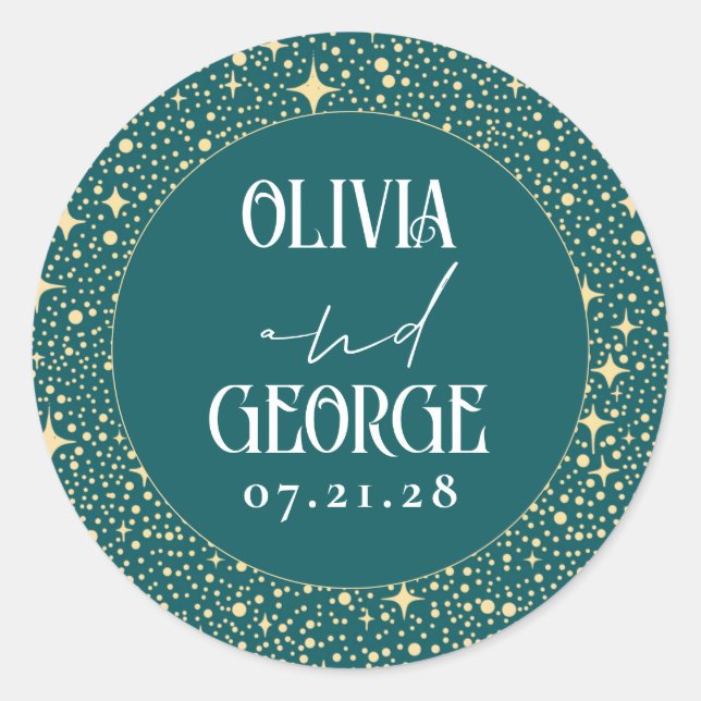 Stars Teal Night Wedding Classic Round Sticker (Front)
