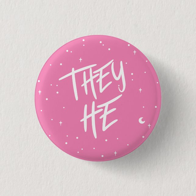 Stars They/He Pronouns in Pink 3 Cm Round Badge (Front)