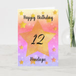 Stars Watercolor 12th Birthday Card<br><div class="desc">A pretty watercolor 12th birthday card that features an array of yellow gold stars on the front with a pretty array of colours on the background. Please see all photos. This personalised 12th birthday card for daughter,  niece,  granddaughter and more would make a wonderful card keepsake for her.</div>