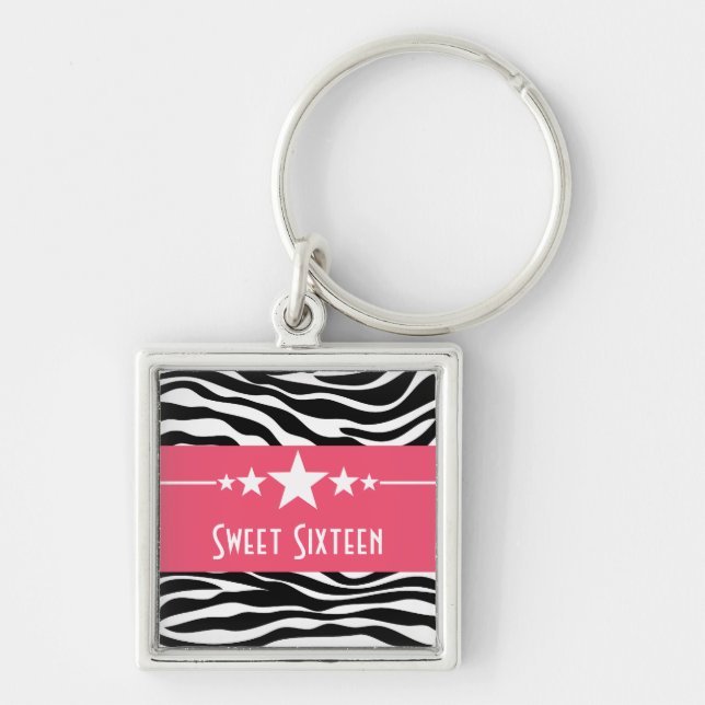 Stars Zebra Print Sweet 16 Keychain, Pink Key Ring (Front)