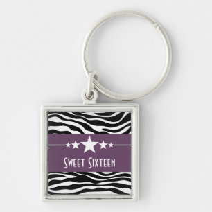 Stars Zebra Print Sweet 16 Keychain, Purple Key Ring