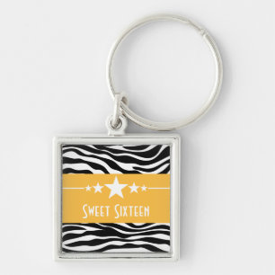 Stars Zebra Print Sweet 16 Keychain, Yellow Key Ring