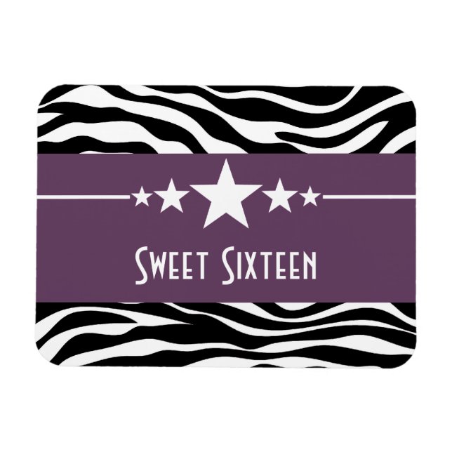 Stars Zebra Print Sweet 16 Magnet, Purple Magnet (Horizontal)