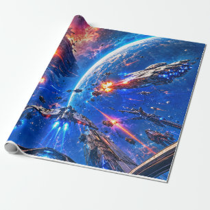 Starship Battle Above a Blue Planet Wrapping Paper