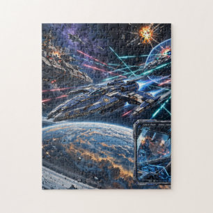 Starship Battle Over Ringed Planet Jigsaw Puzzle