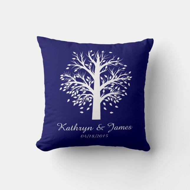 Start of New Family Tree, names/date; white/navy Cushion (Front)
