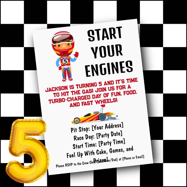 Start Your Engines Boy's 5th Birthday Invitation (Start Your Engines Boy's 5th Birthday Invitation)