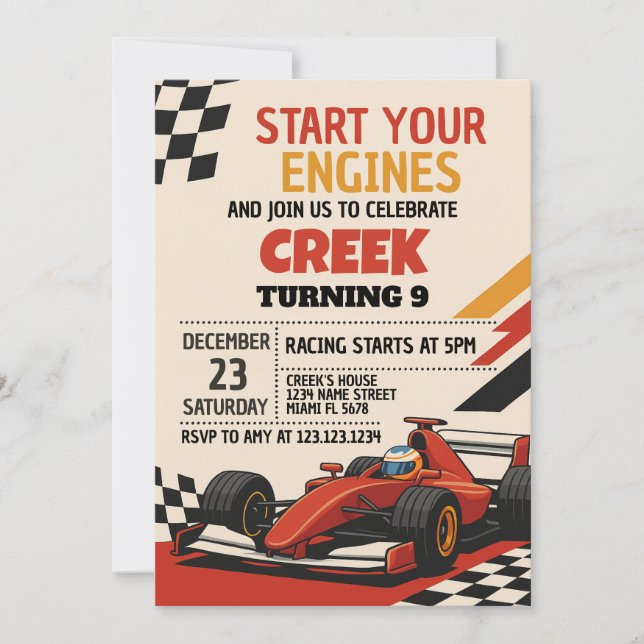 Start Your Engines! Race Car Birthday Invitation (Front)