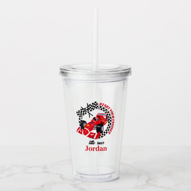 Start Your Engines Red Race Car Any Age Birthday Acrylic Tumbler (Front)
