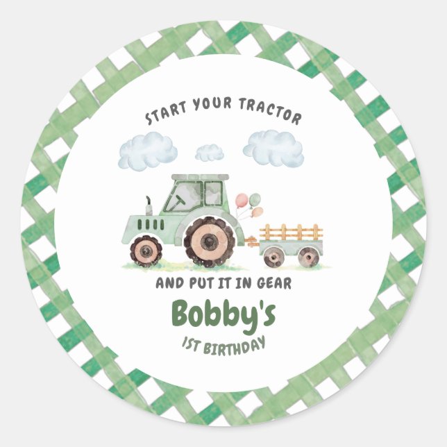 Start Your Tractor 1st Birthday Classic Round Sticker (Front)