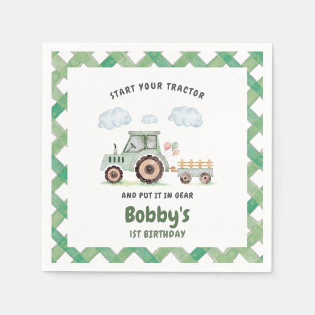 Start Your Tractor 1st Birthday Napkin (Front)