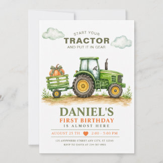 Start Your Tractor Green Pumpkin Farm Birthday Invitation