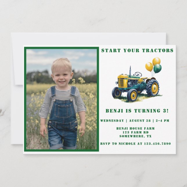 Start Your Tractor Photo Boy Birthday Bash Invitation (Front)
