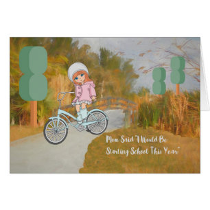 Starting School Card Girl with Bicycle